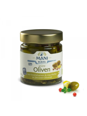 MANI Groene olijven met venkel en roze peper in citroen-olijfolie 185g, bio