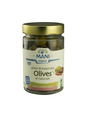 MANI Olives with chili and herbs in olive oil 205g, organic