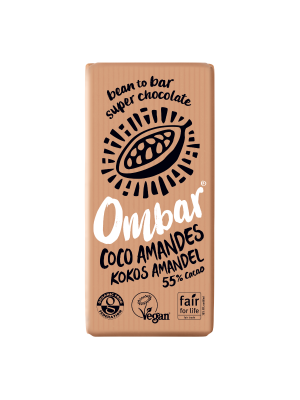 Achetez un délicieux chocolat à la noix de coco et aux amandes en ligne chez Amanvida - Le chocolat Ombar à la noix de coco et aux amandes 55% de cacao est biologique et issu du commerce équitable.