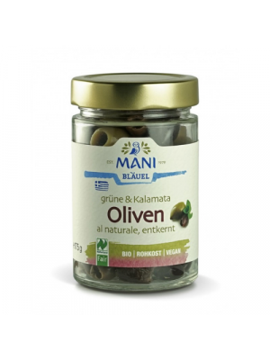 MANI Groene & Kalamata Olijven in olijfolie naturel 175g, bio